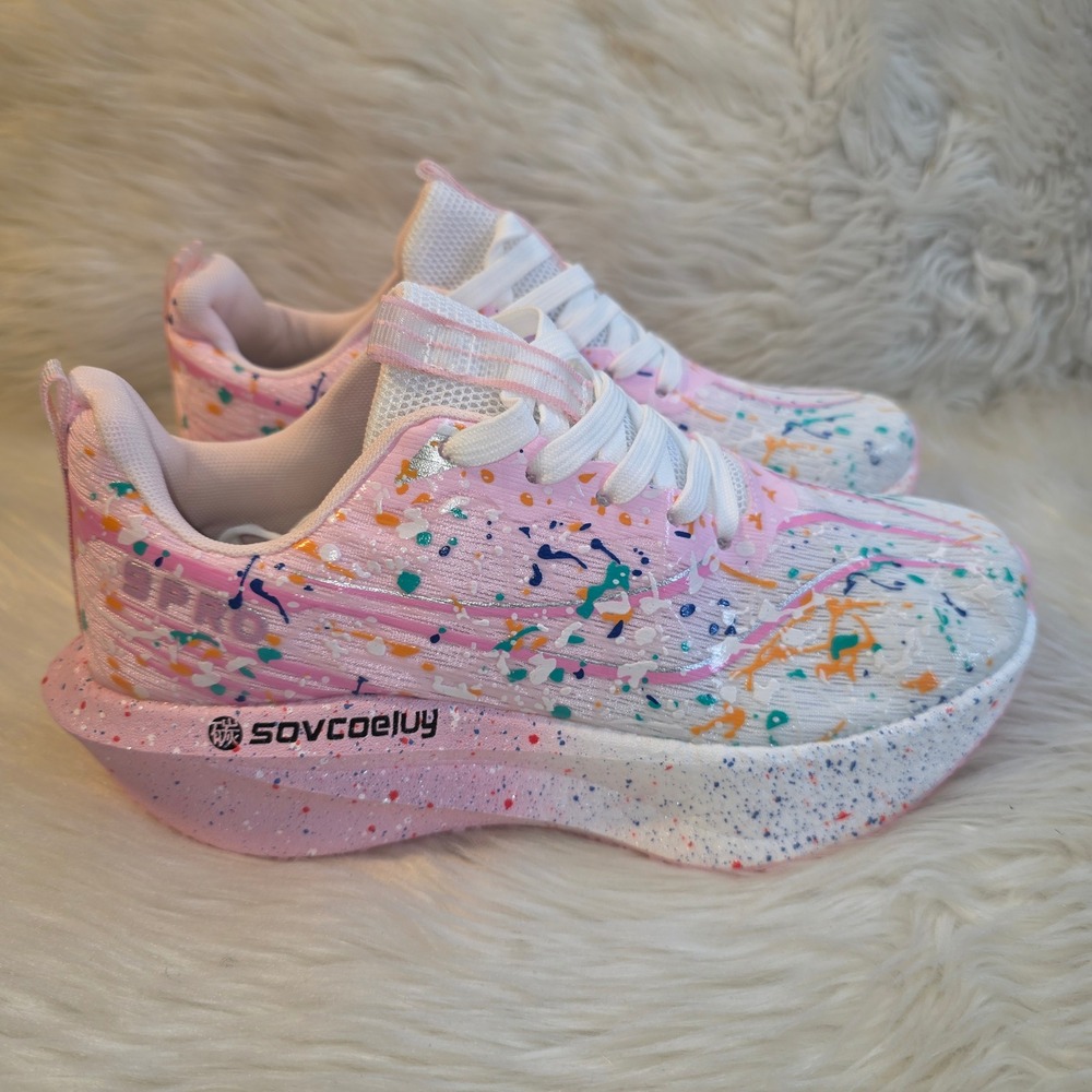 Pink Paint Splatter Carbon Plate Style Running Shoes Size 8 Multicolor